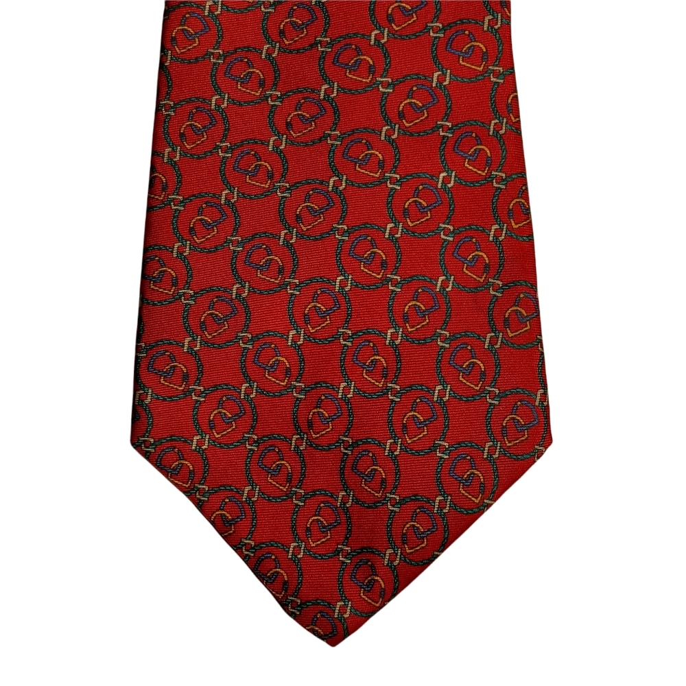 VTG BROWNSTONE Red Navy Blue Circle Geometric Link Print Men's Silk Tie